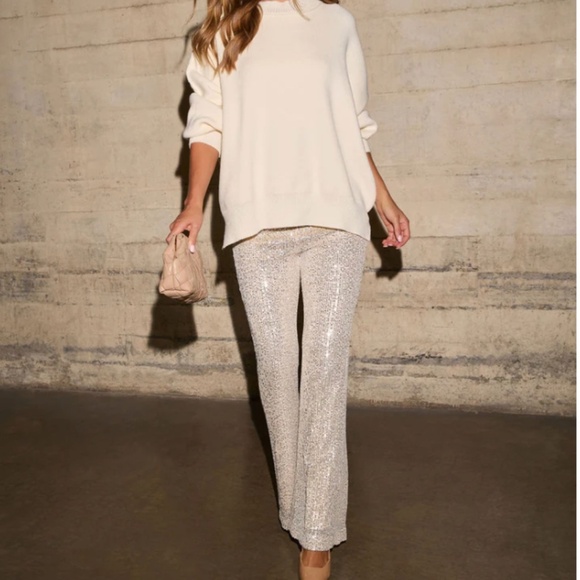 NWT BOOHOO Ivory Sequin Pants Pull On Pockets Small Tall - Picture 1 of 12